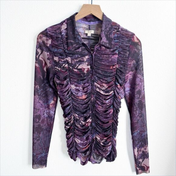 Pilcro Anthropologie Top Womens Small Purple Sheer‎ Button Up Nylon Fairy Grunge - Picture 2 of 16